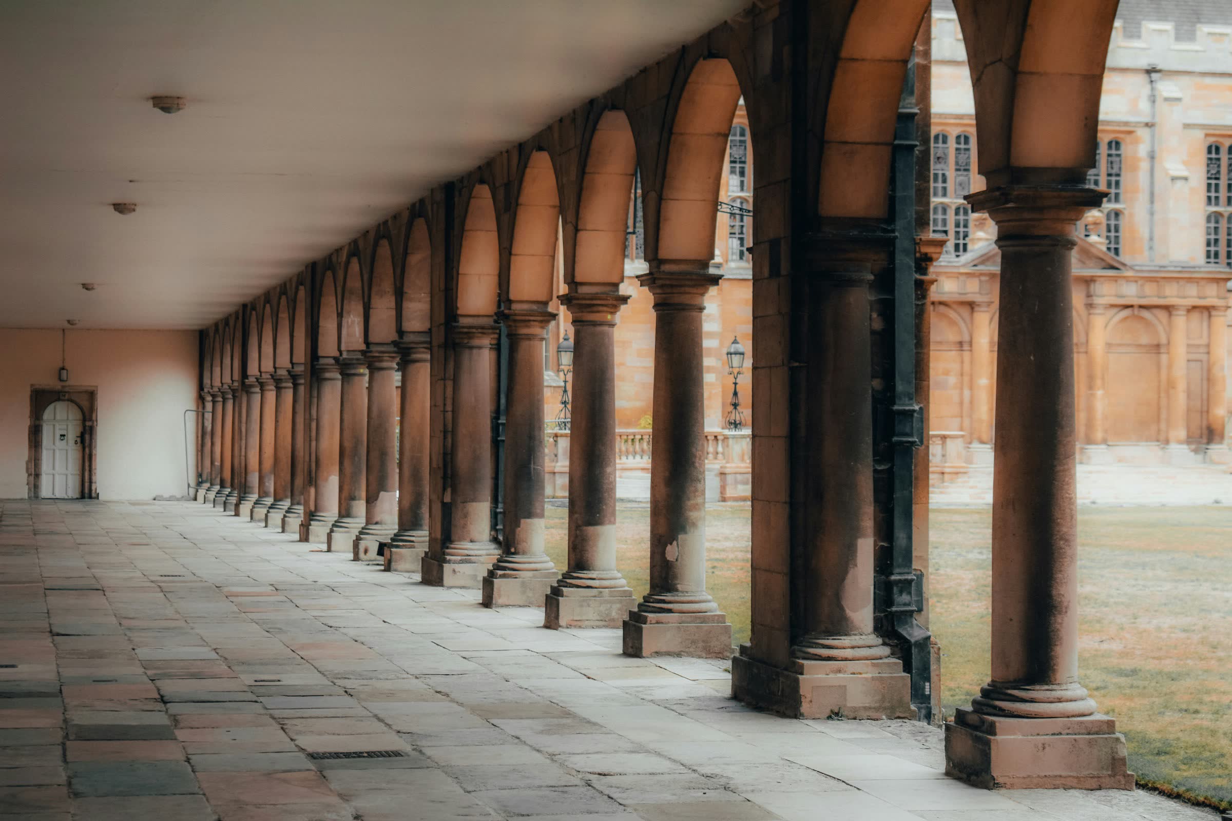 Stone cloister arches at the University of Cambridge