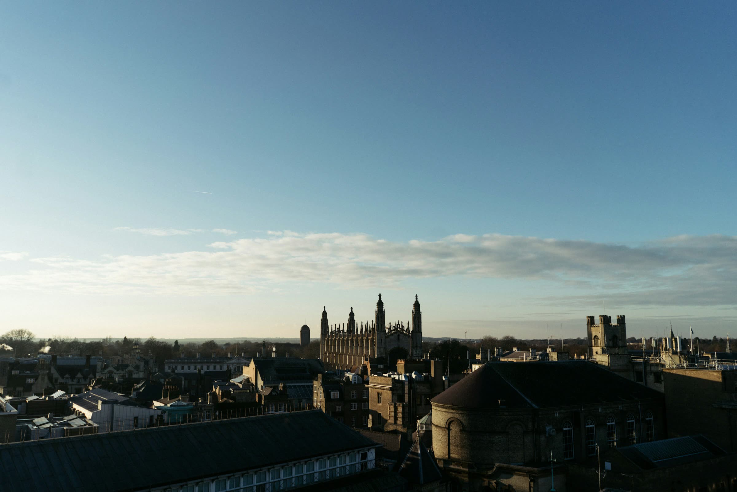 Rooftop skyline of central Cambridge with college towers and spires