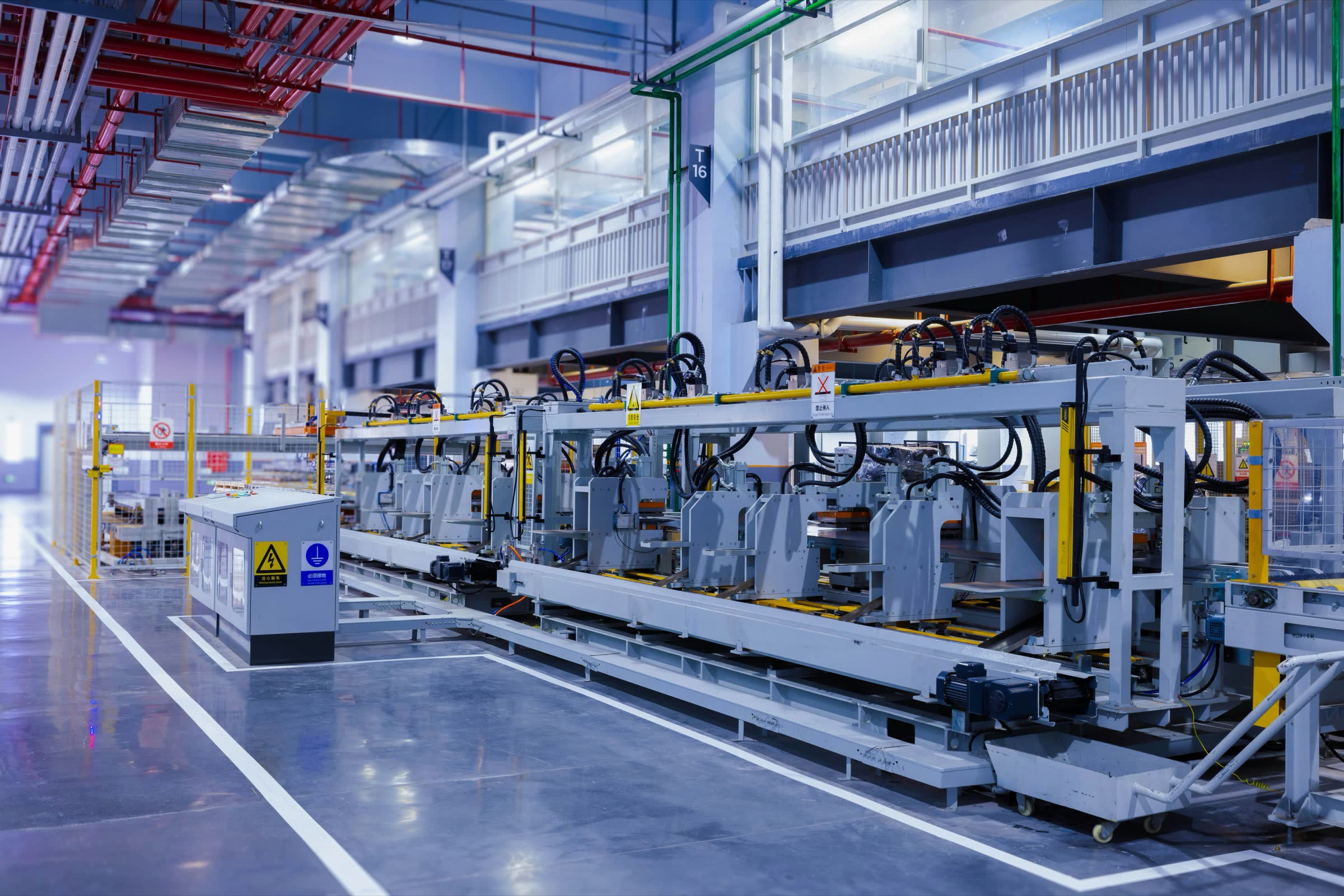 Fully automated manufacturing line in cool blue light